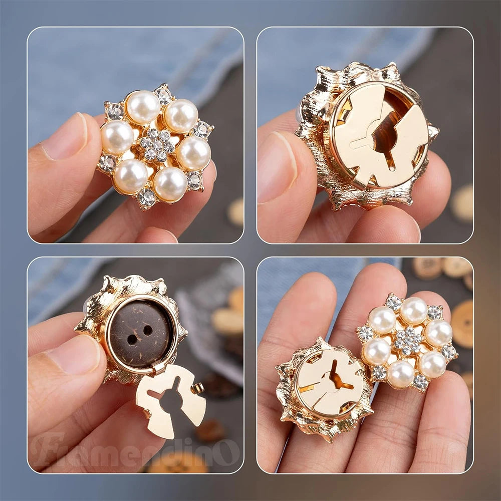 Crystal Pearl Button Covers Detachable Clip-On Shirt Coat Decorative Buttons Sewing Button for DIY Blouses Clothing Women Men